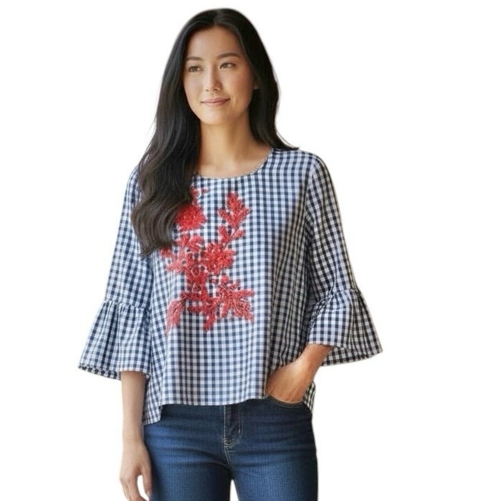 August Silk Women’s Blue & White Gingham Print Top with Embroidered Details. L